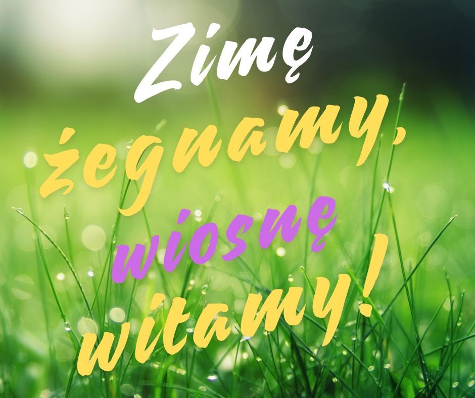 napis "zimę żegnamy wiosnę witamy!" na tle zielonej trawy